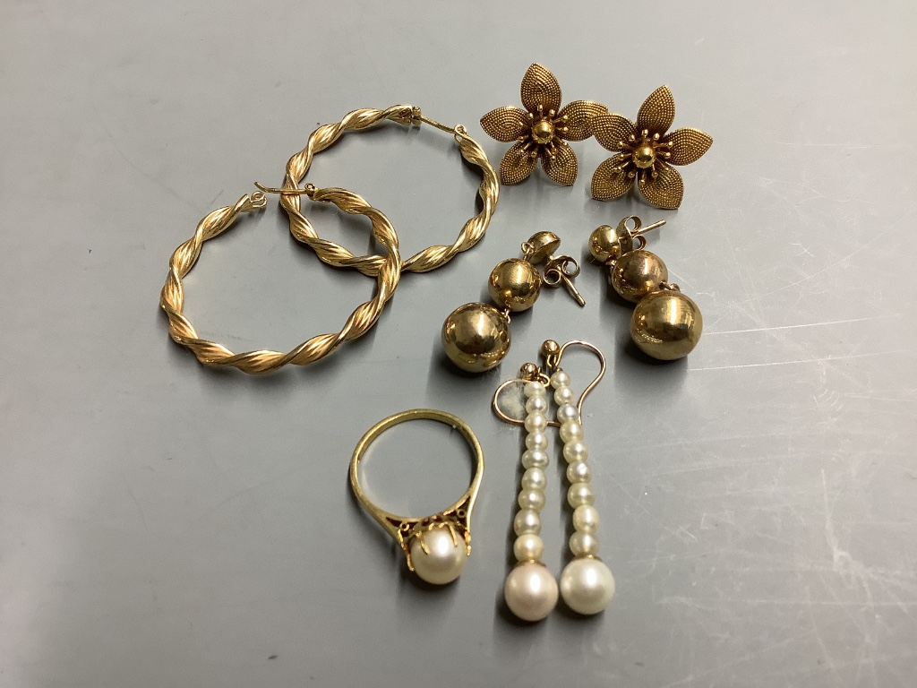 Three pairs of modern 9ct earrings and a 9ct gold and cultured pearl set ring, gross 12.4 grams and a pair of yellow metal and cultured pearl set line earrings, ring size L.
